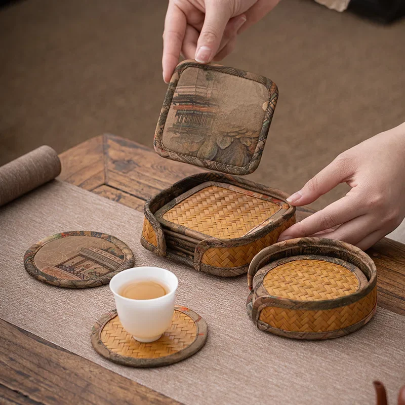 

Handmade Bamboo Satin Fabric Cup Saucer Heat Insulation Coaster Kung Fu Tea Utensils Teacup Mat Saucer Dining Table Cushion