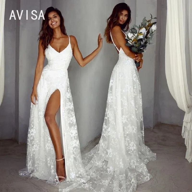

Lace Spaghetti Straps High Slit Wedding Dress 2024 Boho A-Line V-Neck Beach Robe De Soiree Bridal Gown vestidos de novia