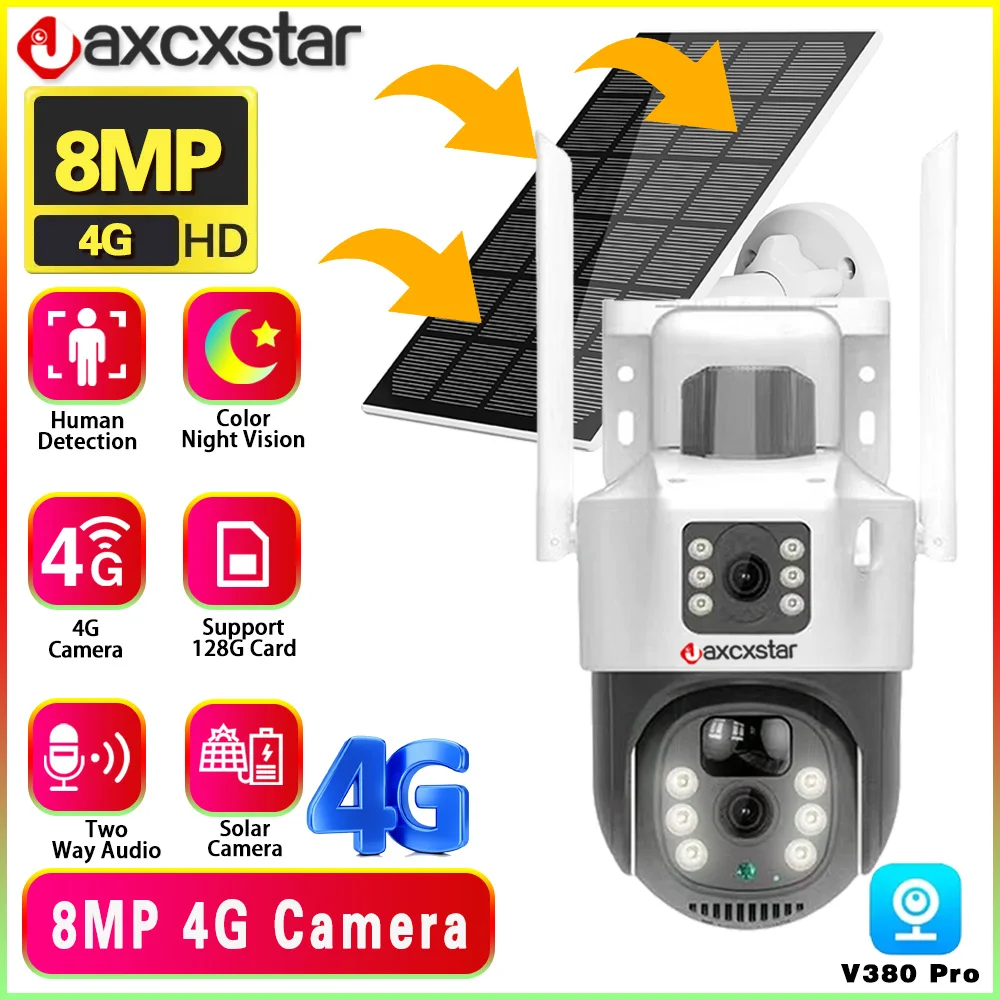 

V380 4K 4G SIM Card Dual Lens Solar Cameras 8MP Wireless Surveillance PTZ Battery Camera Color Night Vision PIR Detection Audio