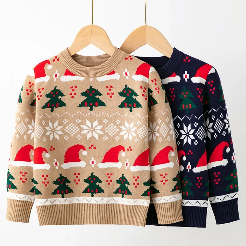 

Рождественские свитера, Детский Теплый пуловер на осень и зиму, детские вязаные свитера с мультяшным рисунком, джемпер на Рождество для мальчиков и девочек, детская одежда