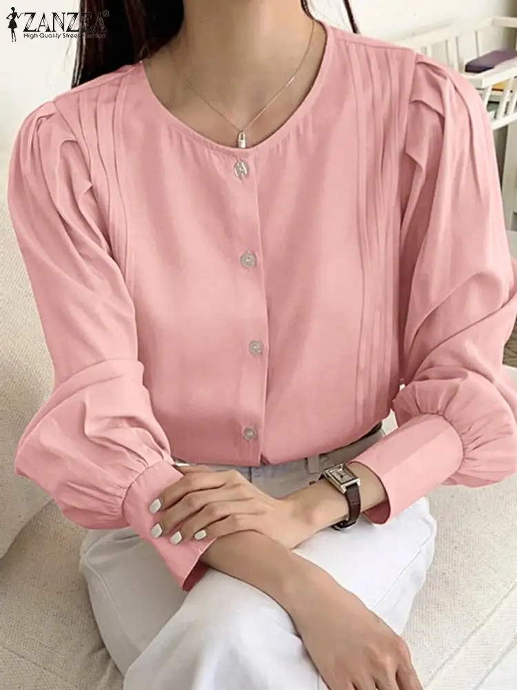

Повседневные офисные однотонные топы ZANZEA, модная женская рубашка 2024, летняя плиссированная блузка на пуговицах, элегантные блузки с пышными длинными рукавами, туники