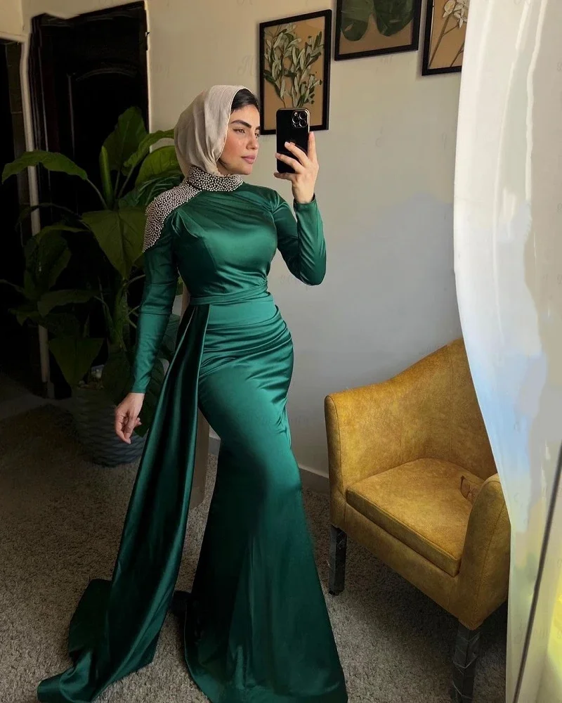 

Green Dubai Crystals Evening Dress Middle East Muslim Wedding Guest Gowns Customized Long Celebrity Prom Dresses Robe Soirée