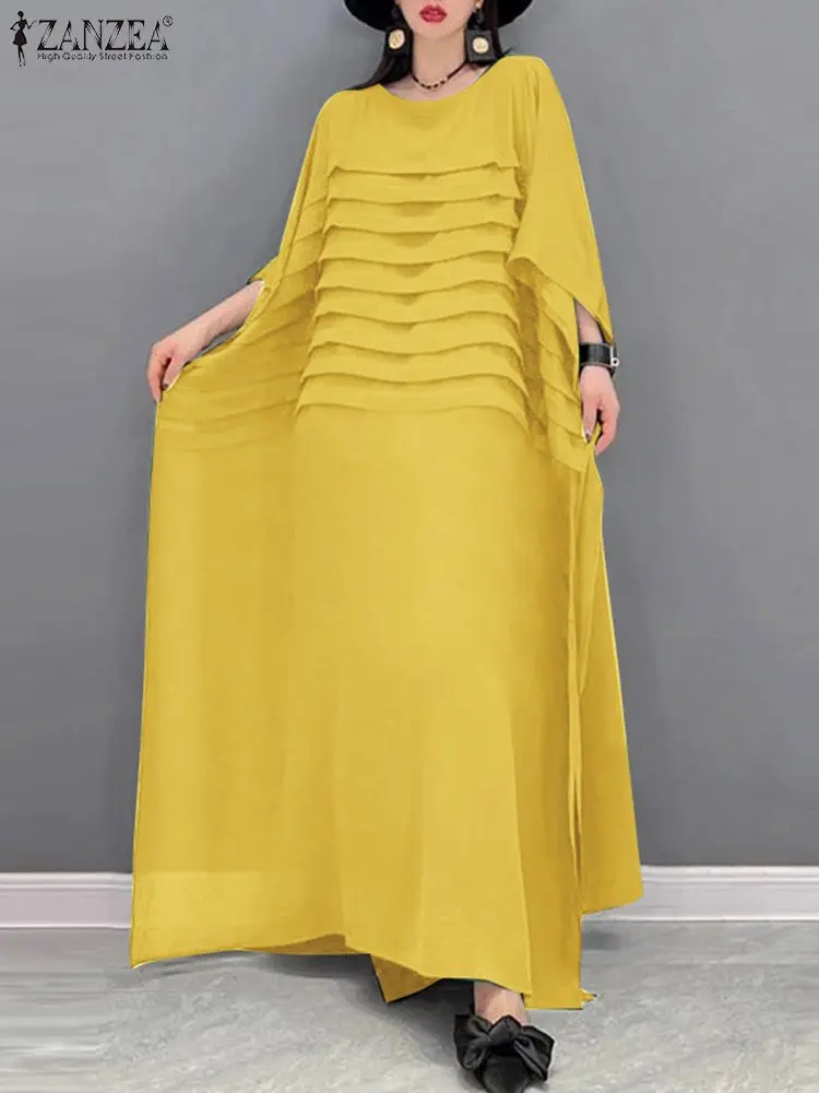 

Платье ZANZEA женское длинное с рукавом 3/4, свободное Плиссированное повседневное с круглым вырезом, модная уличная одежда, большие размеры, на лето