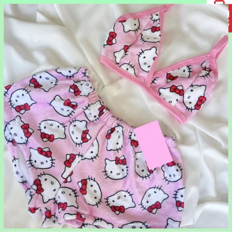 

Miniso Sanrio, Hello Kitty Y2K повседневная домашняя фурия комплект из двух частей Kawaii женский розовый комплект бикини милое бикини пляжное плавание подарок