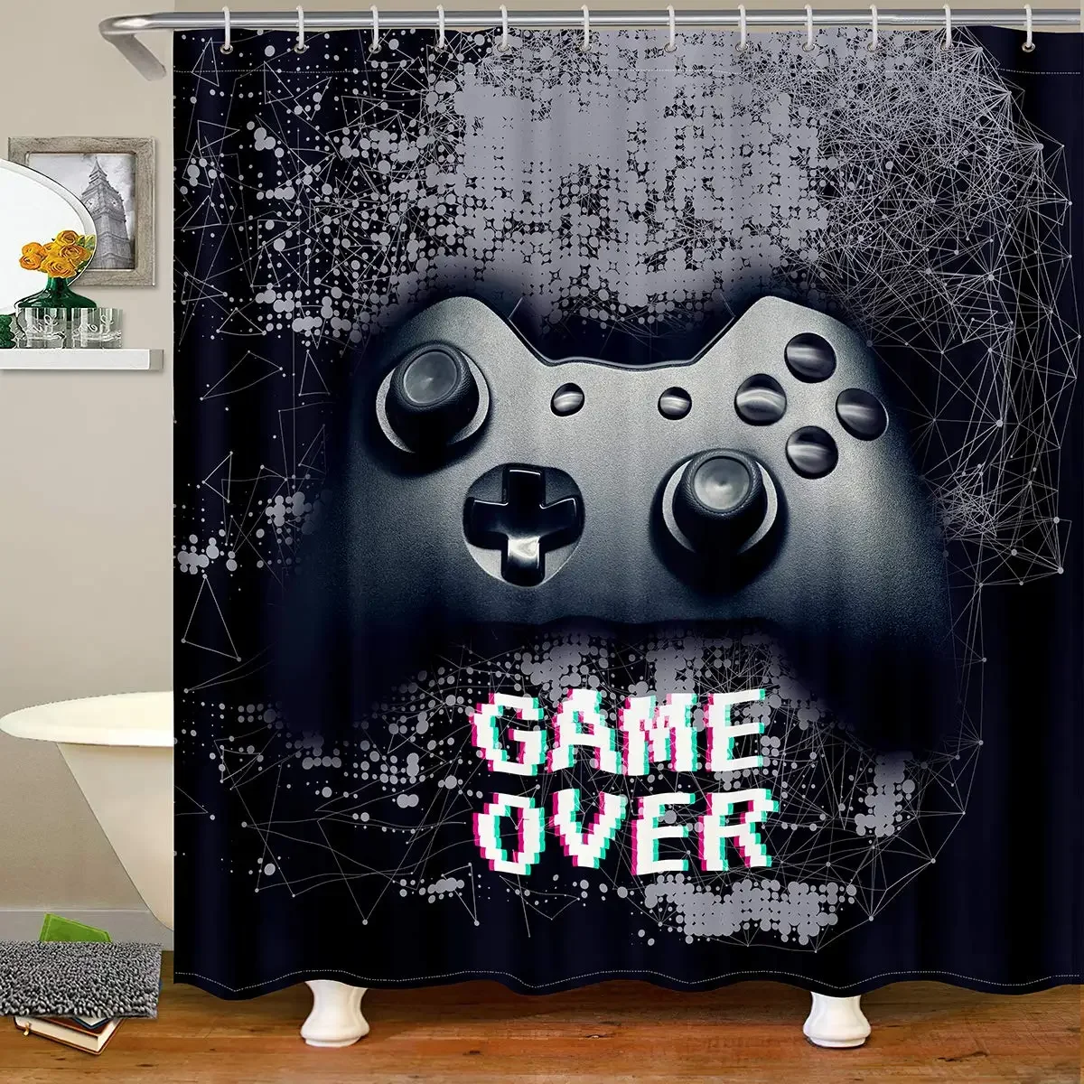 

Игровая занавеска для душа, Современная консоль, игровой контроллер, занавеска для ванной комнаты, креативный крутой черный серый игровой геймпад для мальчиков, набор для декора ванной комнаты