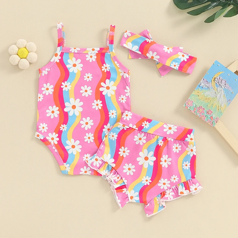 

Infant Baby Girl Summer Clothes Cami Tank Top Ribbed Floral Romper Bodysuit Ruffle Bloomer Shorts 3Pcs Outfits