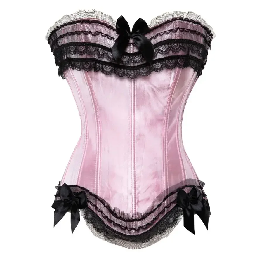 

Women's Sexy Satin Overbust Corset Top Lace Bowknot Decorated Clubwear Showgirl Body Shaper Corsets