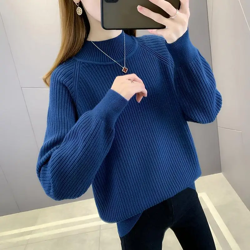 

Autumn Winter New Solid Color Slim Fit Sweater with Half High Neck Pullover and Raglan Sleeve Knitted Underlay for Women's Wear