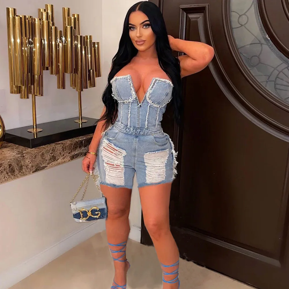 Women Summer Sexy Cutout Ripped Zipper Wrapped Chest Cowboy Siamese Clothes Sleeveless Pockets High Street Short Slim Playsuits
Women Summer Sexy Cutout Ripped Zipper Wrapped Chest Cowboy Siamese Clothes Sleeveless Pockets High Street Short Slim Playsuits