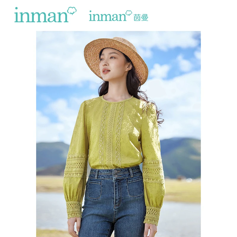 

INMAN Women Blouse 2023 Autumn Long Sleeve Round Neck Loose Shirt Hollow Lace Exquisite Embroidery White Green Tops