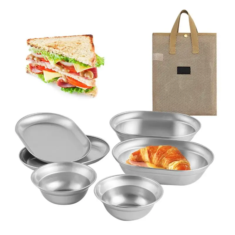 

Набор тарелок для кемпинга, набор посуды из нержавеющей стали, кухонные металлические тарелки, устойчивые к ржавчине, сервировочные тарелки для кемпинга, сервировочные тарелки для кормления