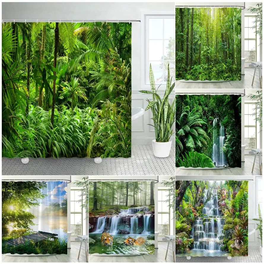 

Green Tropical Jungle Plant Shower Curtains Set Palm Tree Forest Monstera Leaves Nature Scenery Fabric Bathroom Decor with Hooks