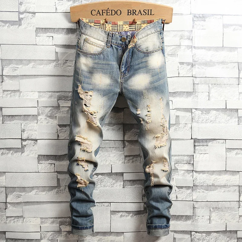 

Потертые рваные джинсы мужские ретро синие модные облегающие мотоциклетные брюки мужские уличные джинсовые брюки с дырками в стиле хип-хоп