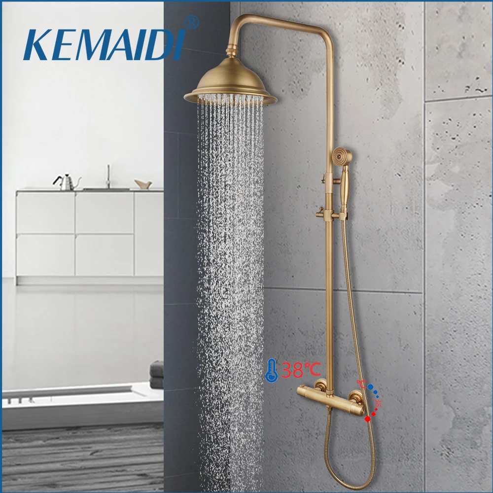 

KEMAIDI Antique Brass Thermostatic Bathroom Shower Faucet Set Rainfall Shower Systerm Constant Temperature Bathtub Mixer Tap