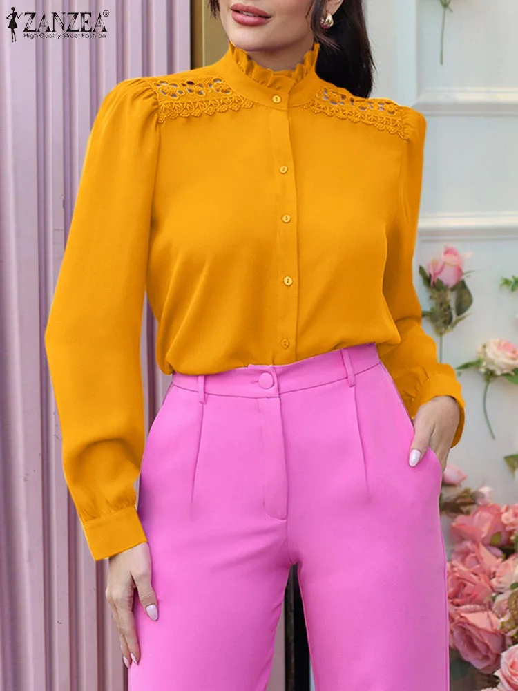 

Женская блузка с воротником-стойкой ZANZEA, элегантная кружевная блузка с длинными рукавами-фонариками, роскошная шифоновая блузка большого размера с оборками, весна 2024