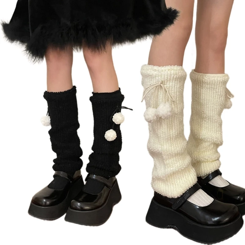 

Plush Ball Leg Warmers Women Lolitas Leg Warmer Knit Long Socks Harajuku Bows Lace Up Leg Cover Middle Tube Stocking