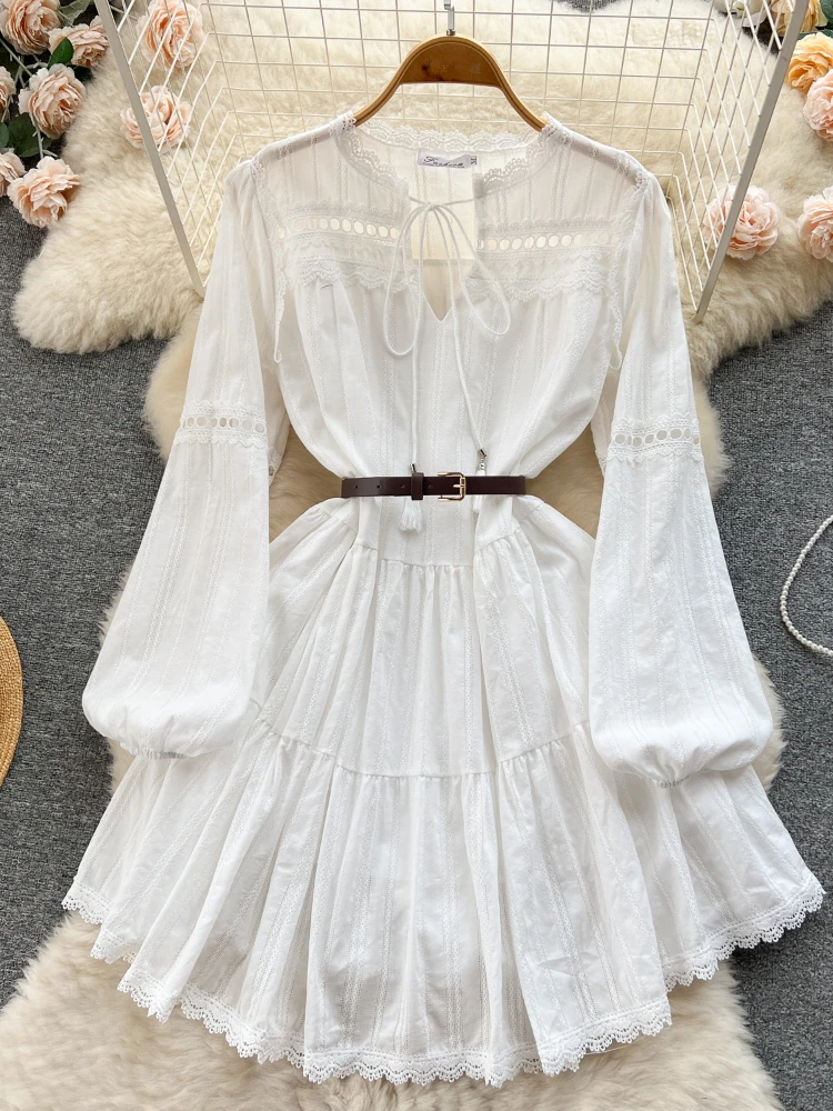 Spring Vintage White Dress Women Lace Hollow Out A Line Long Puff Sleeved with Belt Party Beach Lace Up Mini Dress
Spring Vintage White Dress Women Lace Hollow Out A Line Long Puff Sleeved with Belt Party Beach Lace Up Mini Dress