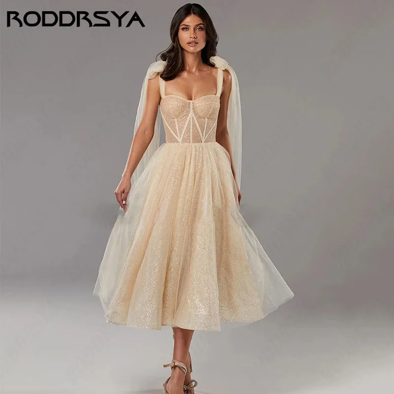 

RODDRSYA Champagne Shining Tulle A-line Wedding Dresses Glittering Sweetheart Spaghetti Straps Lace Up Backless Bridal Party