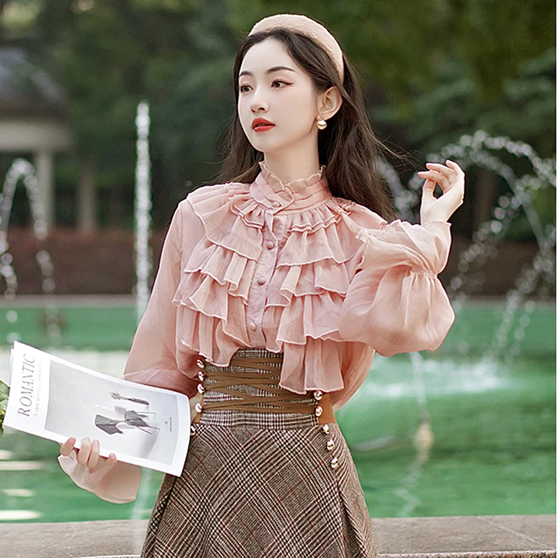 

England Style Ruffles Blouse Women 2024 Spring Autumn Long Sleeve Tops Elegant Shirts Blusas Mujer