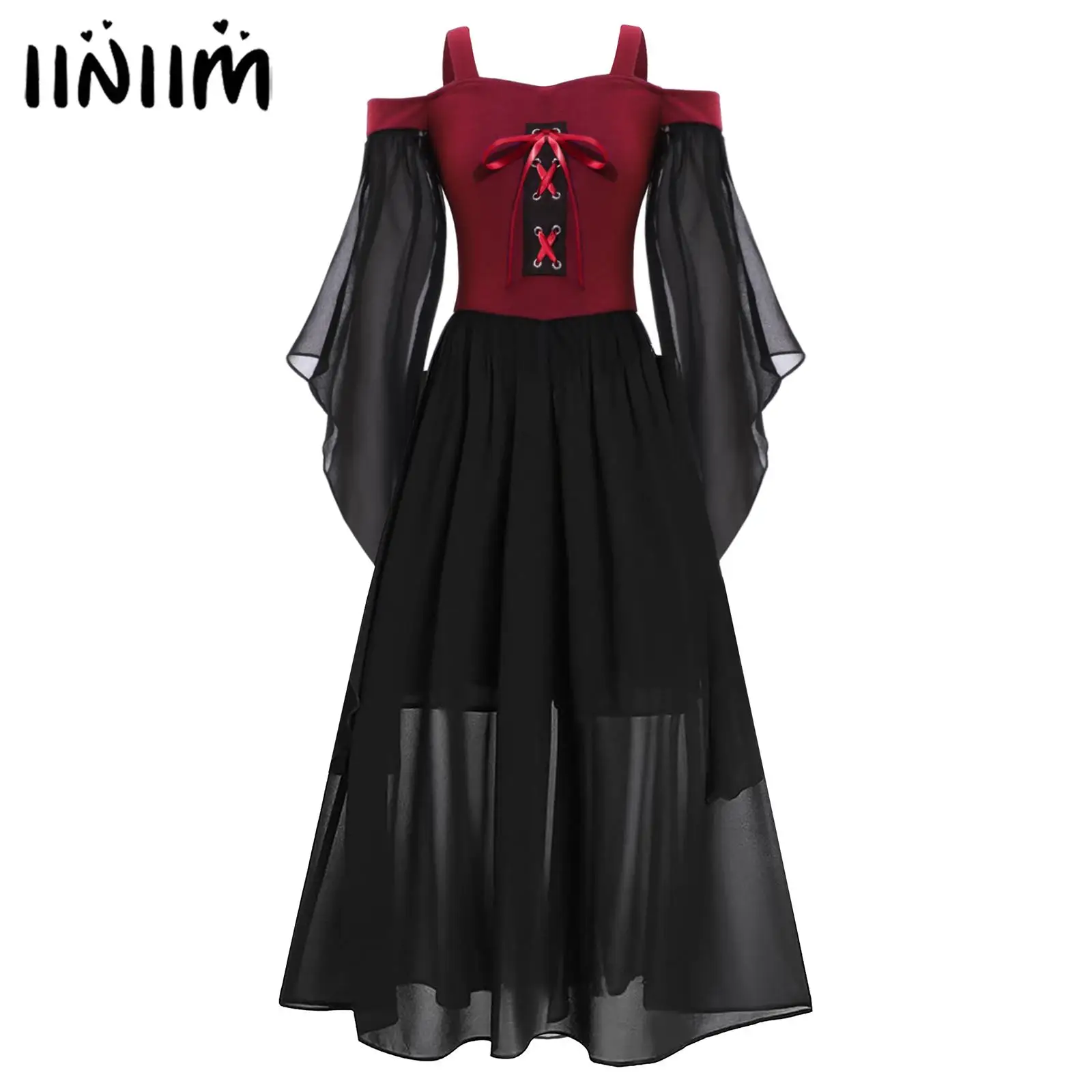 

Girls Elf Princess Lolita Party Dress Medieval Renaissance Gothic Cosplay Costume Butterfly Sleeve Lace Up Front Flowy Dress
