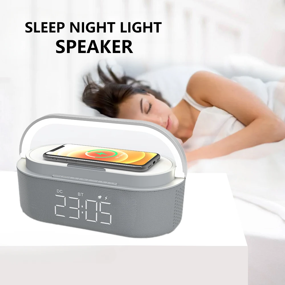 

Portable Wireless Charger Alarm Clock Bluetooth Speaker HiFi Stereo Subwoofer Surround Soundbar LED Sleep Night Light 블루투스 스피커