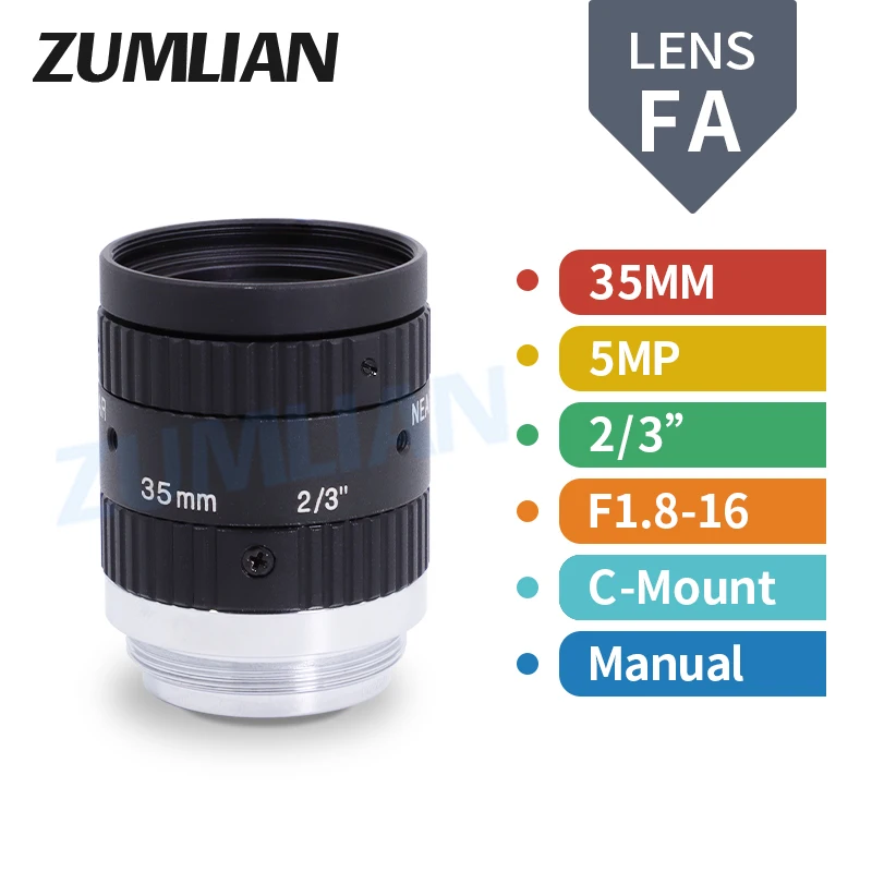 

ZUMLIAN FA Lens 35mm Fixed Focus 5MP 2/3 Inch Camera Lens C-Mount Manual Iris F1.8-F16 CCTV for Machine Vision Industrial Camera