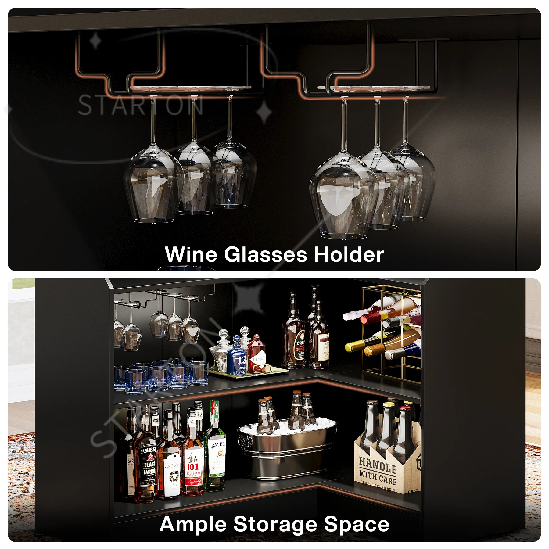 L-Shaped Bar Cabinet, 4-Tier Corner Bar Unit with Stemware Racks L-Shaped Bar Cabinet, 4-Tier Corner Bar Unit with Stemware Racks