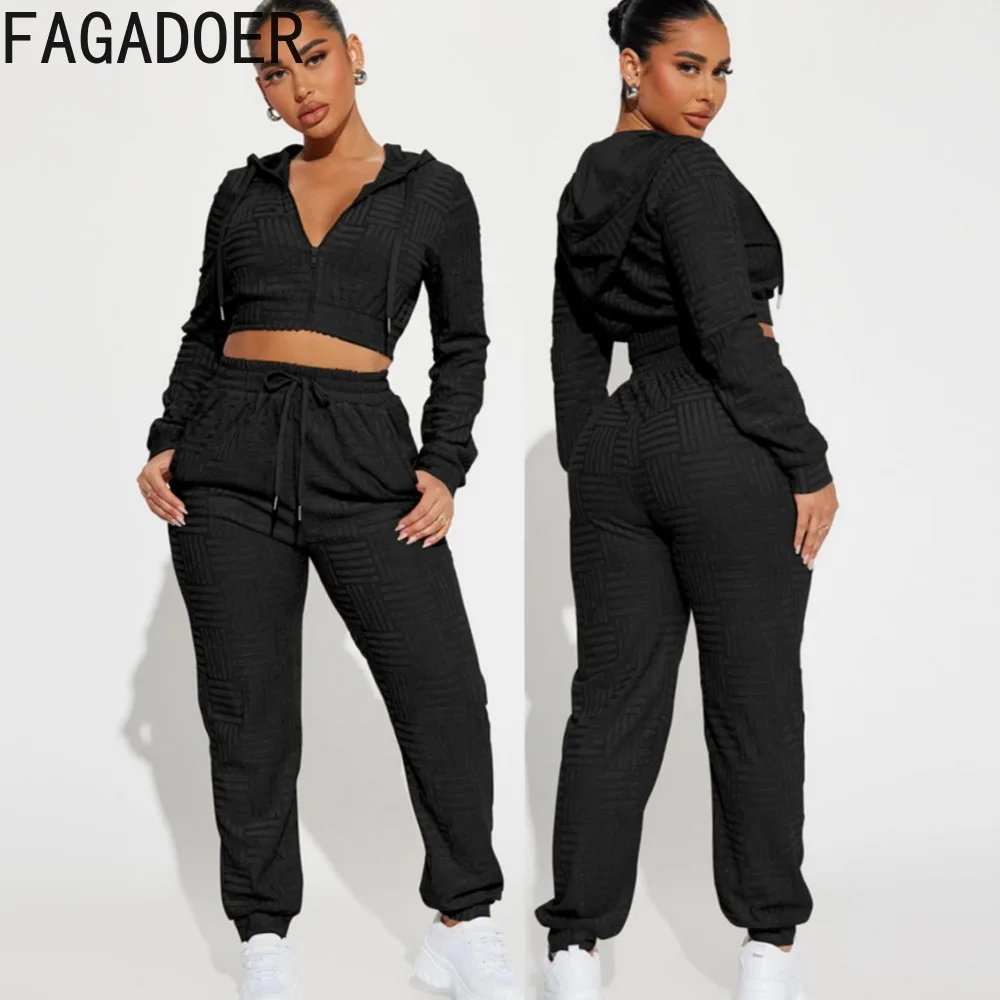 

FAGADOER Winter Hooded Tracksuits Women Zipper Long Sleeve Crop Top And Jogger Pants Two Piece Sets Casual Sporty 2pcs Outfits