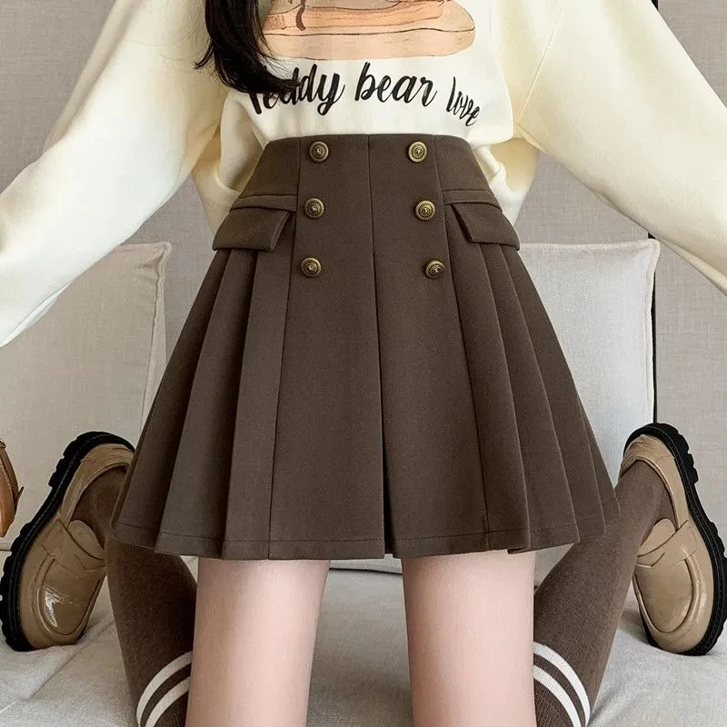 

Tweed Pleated Skirt Short Autumn Winter Half-body Skirt High Waist Double-breasted Fashion a-word Short Skirt Women With Boots