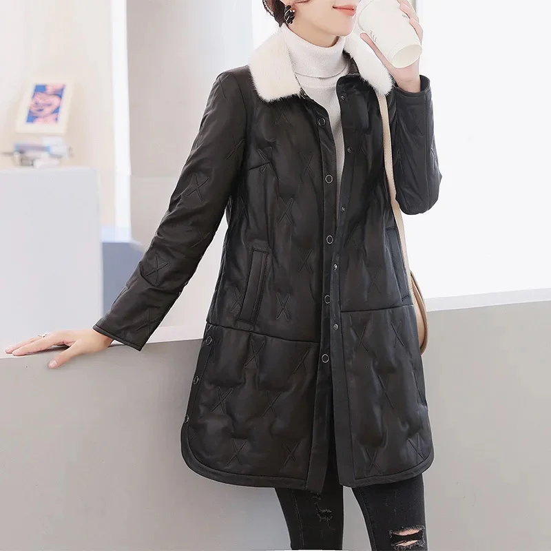 

23 New Genuine Leather Down Coat Women's Winter Jacket Mid Long Mink Collar Sheepskin Coats Male Clothing Fashion Slim Outwears