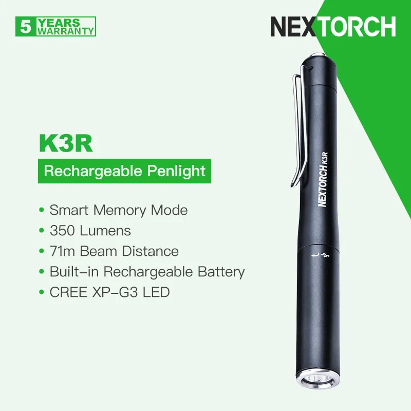 

Nextorch K3R Multipurpose Penlight/Flashlight, Type-C Rechargeable, 350 Lumens, Smart Memory, Window Breaker for Emergency, EDC