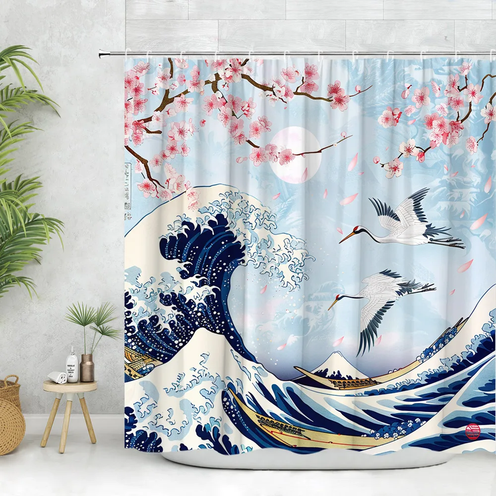 

Японская занавеска для душа, декоративный шторка из полиэстера для ванной комнаты с рисунком океана, цветущей вишни, красного солнца, птиц, волн, традиционных азиатских чернил