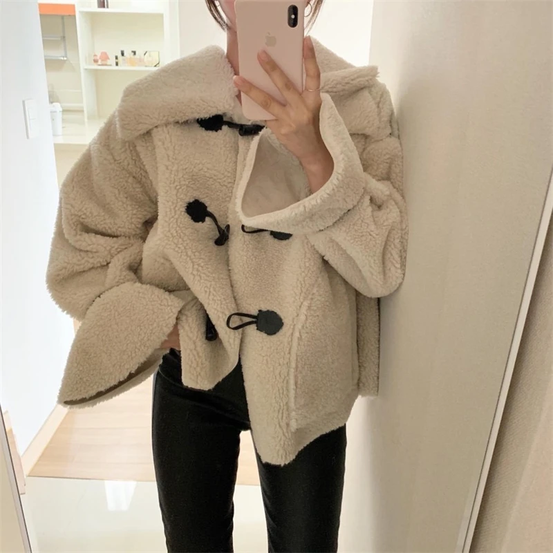 

Women's Large Lapel Cow Horn Button Plush Short Coat Autumn Winter Street Style Female Warm Flare Long Sleeved Loose Jacket