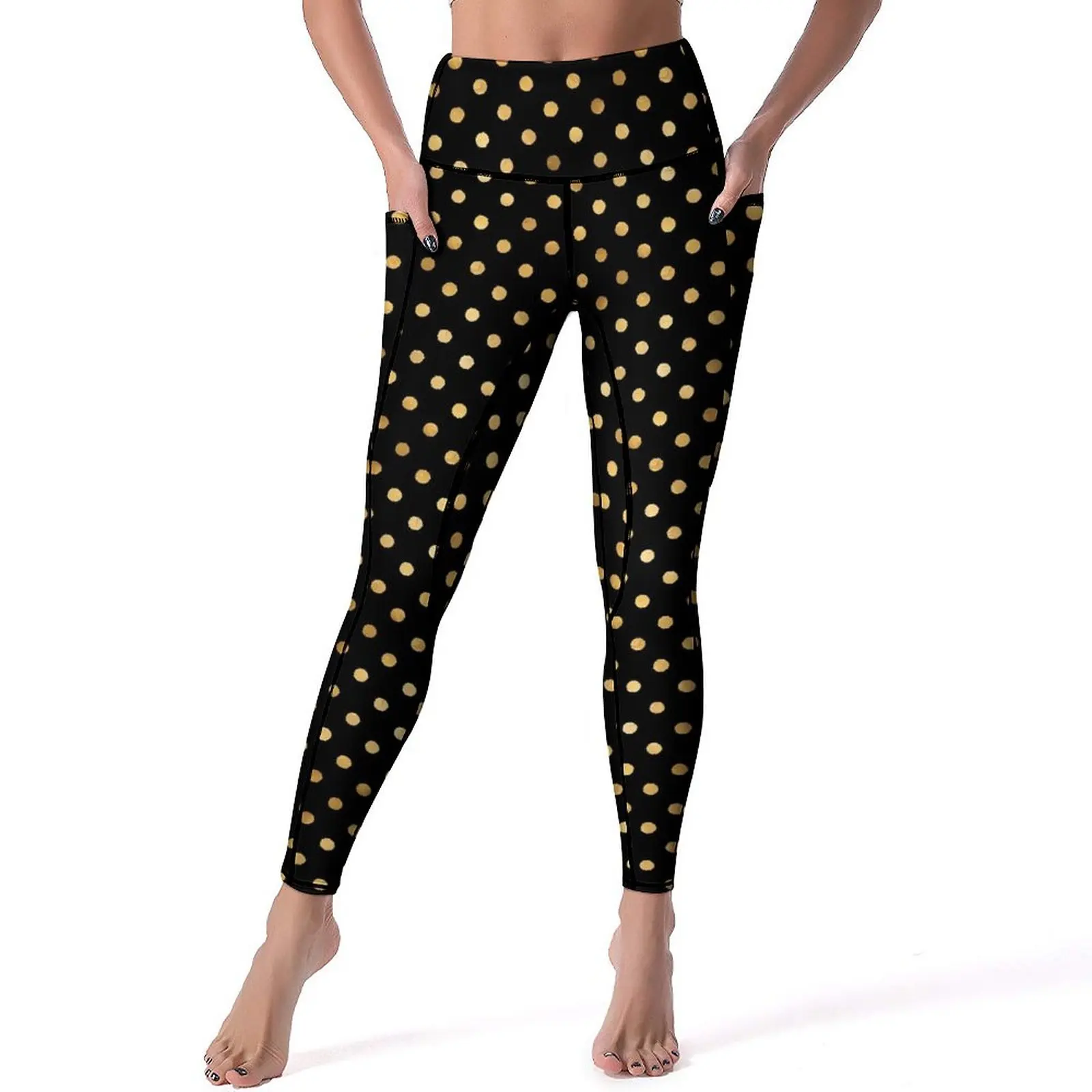 

Vintage Gold Dot Leggings Polka Dots Gym Yoga Pants High Waist Casual Sports Tights With Pockets Stretchy Graphic Yoga Legging