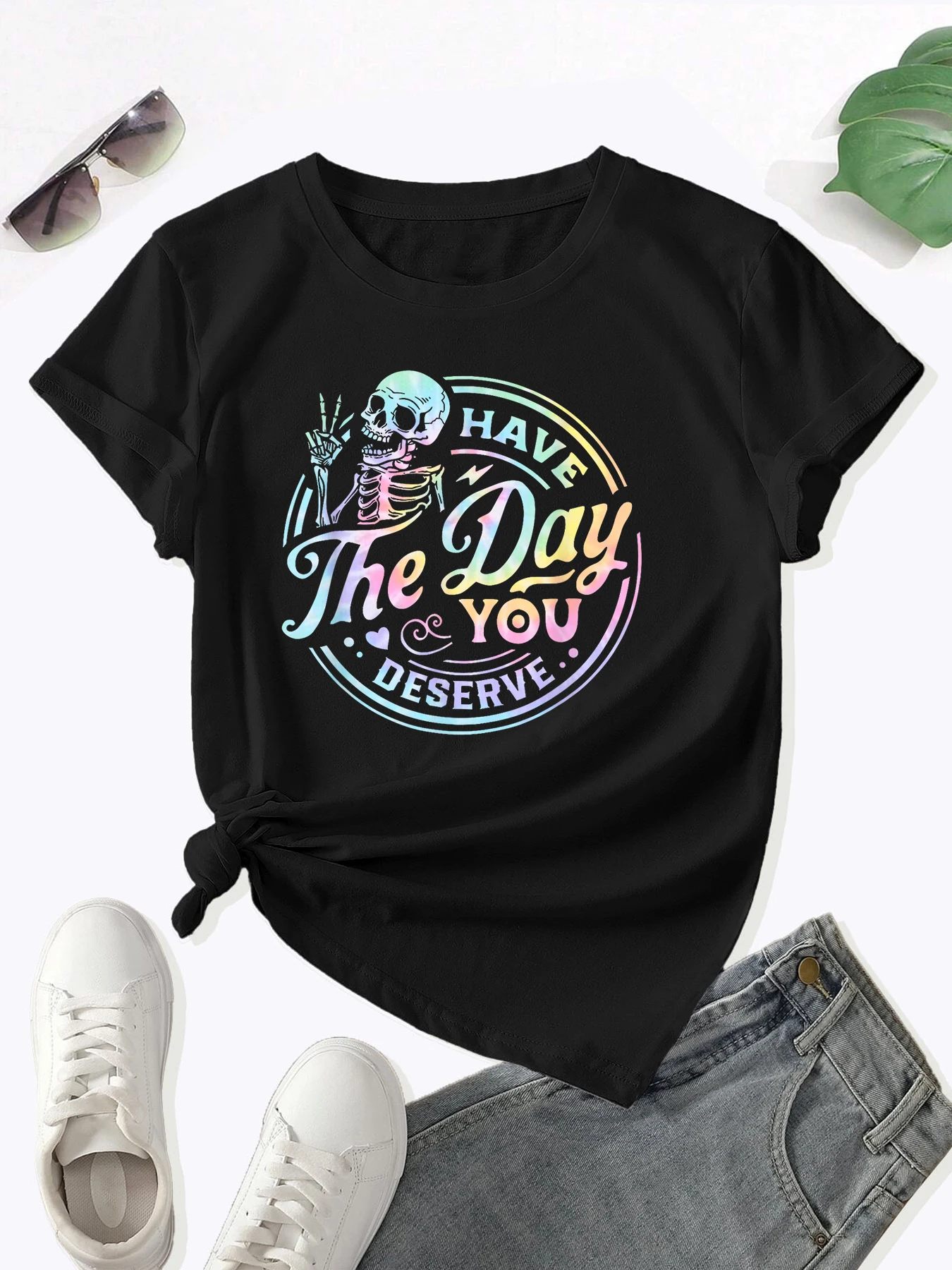 

100% cotton women's short-sleeved T-shirt The Day in colorful skull print, crew neck, multiple colors, sizes XS to 3XL