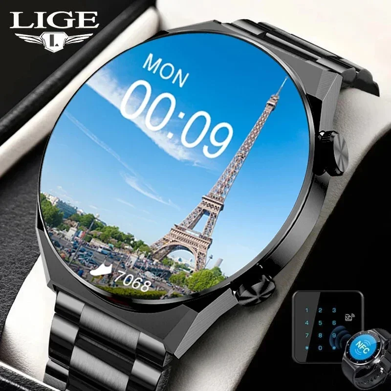 

LIGE AMOLED 454*454 Screen New Men Smart Watch Sports NFC Access Control Smartwatch Bluetooth Call Clock Waterproof for Men 2024