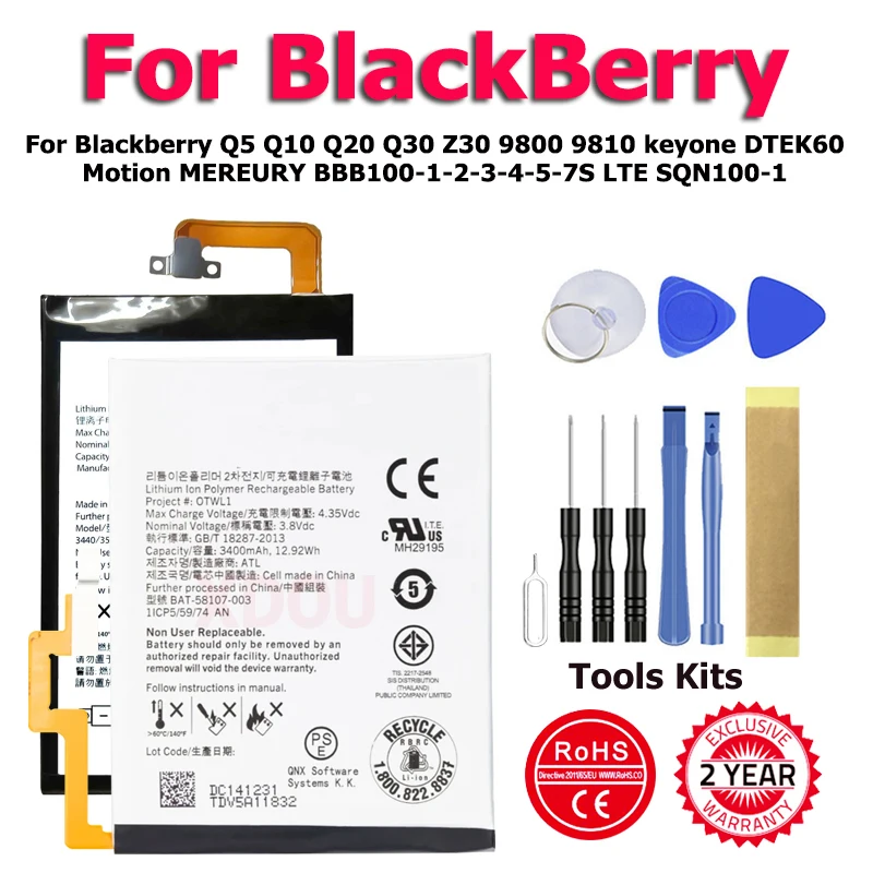 

XDOU TLP034E1 Battery For Blackberry Q5 Q10 Q20 Q30 Z30 9800 9810 keyone DTEK60 MEREURY BBB100-1-2-3-4-5-7S LTE SQN100-1 + Tool