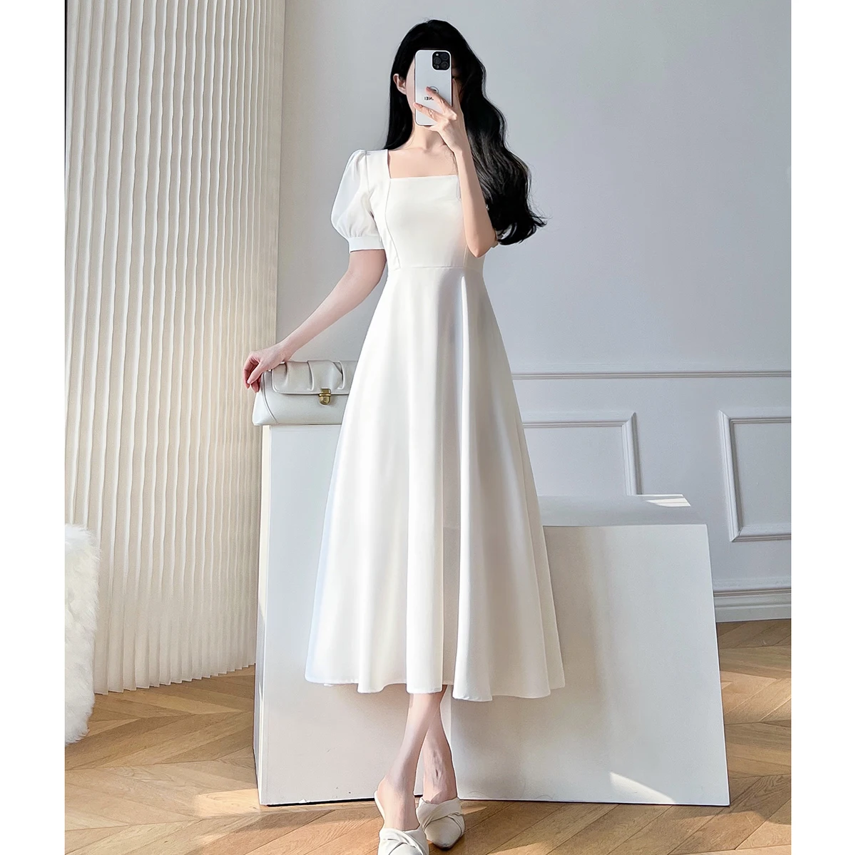 

Vintage White Maxi Dresses for Women Party Prom Puff Sleeve Square Collar Temperament Bodycon Long Midi Dress Summer Clothing