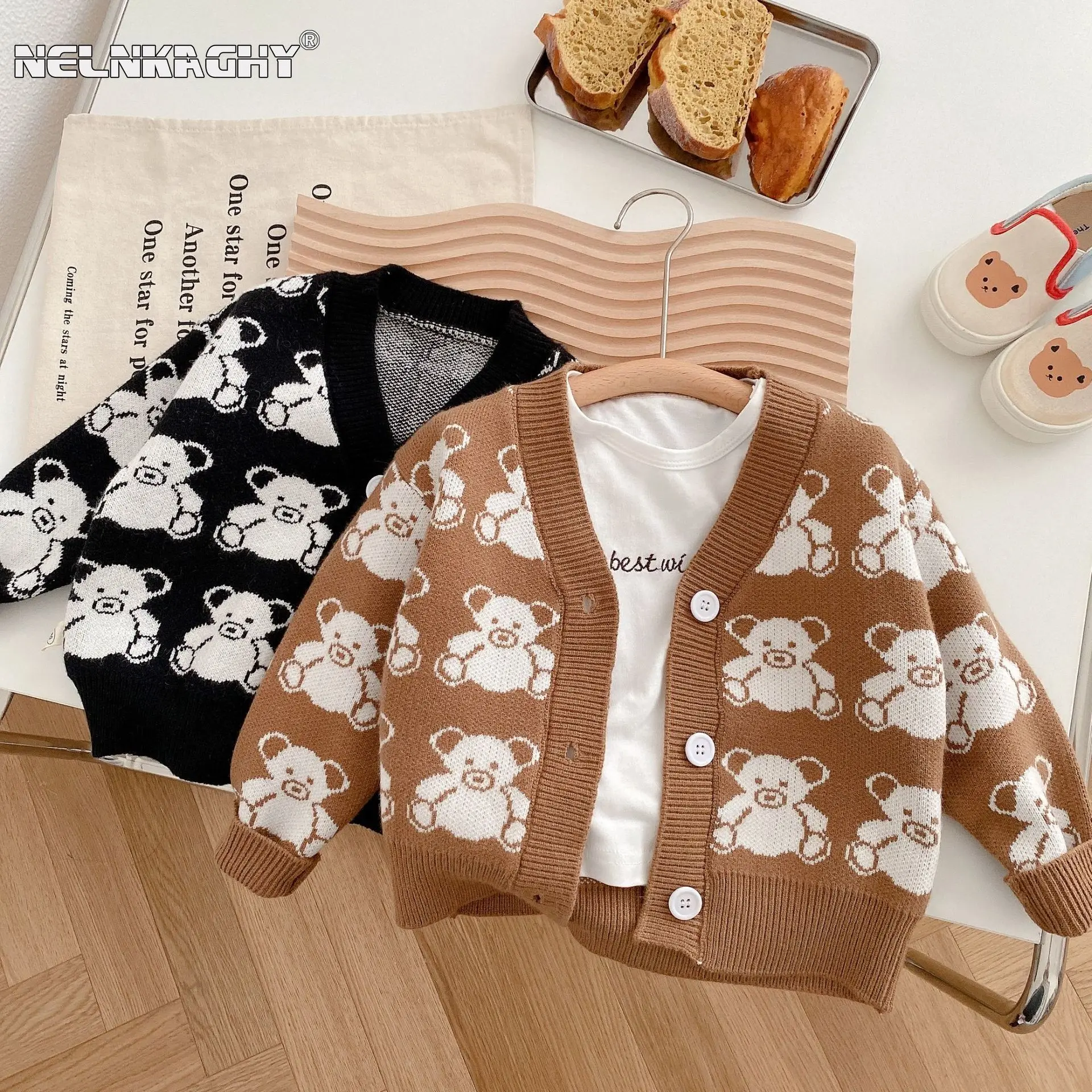 

Cute Cartoon Bear Jacquard Cardigan for Toddler Baby Girls Boys (3M-5Y) - 2023 Autumn New-In Kids Children Sweater Outwear