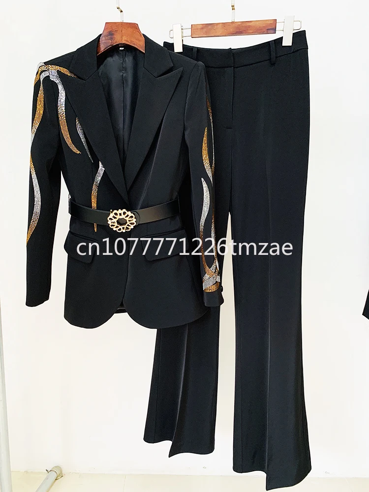 

Latest Fashion 2024 Designer Runway Suit Women's Colored Diamond Lace-up Suit Bell-Bottom Pants Suit 2 Pieces