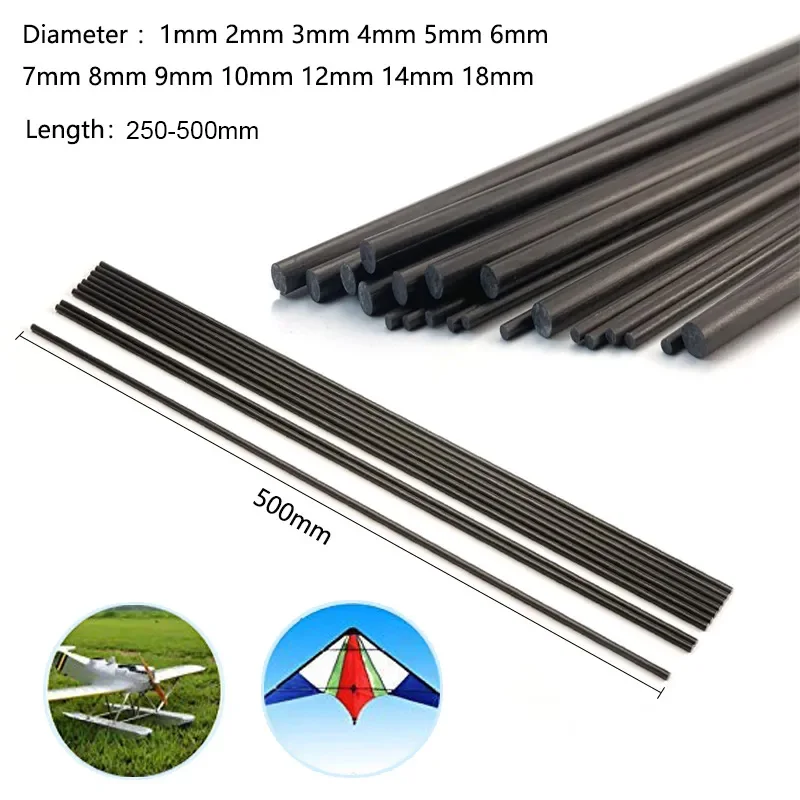 

Solids Carbon Fiber Rod 1MM 2MM 3MM 4MM 5MM 6MM 7MM 8MM -18MM (250-500MM) Reinforcement Rod high strength light weight for DIY