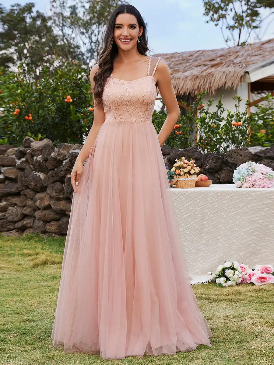 

Elegant Evening Dresses Tulle Sweetheart Spaghetti Strap Embroidery Sequin 2024 Ever Pretty of Pink Shiny Bridesmaid Dress