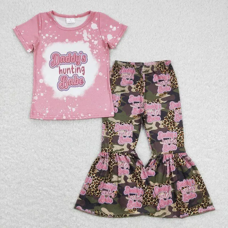 

RTS Baby Girls Wholesale Toddler Daddy's Hunting Babe Short Sleeve Tee Shirt Top Camo Bell Pants Outfits Clothes Sets