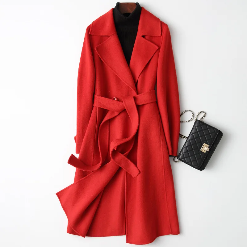 

Women's Double Face 100% Wool Blend Wrap Coat Chic Notched Lapel Double Breasted Maxi Long Wool Pea Coat Trench Coat with Belt