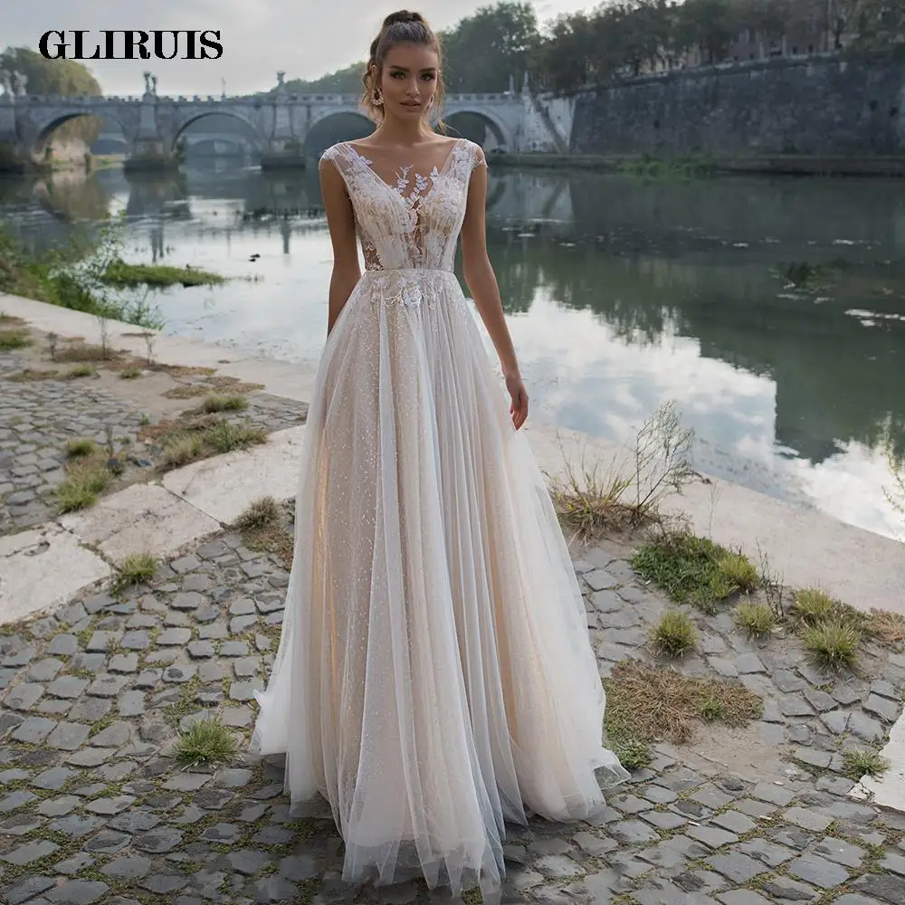 

Glitter Tulle Ruched Lace Wedding Dress 2022 For Women Robe De MarieeCustom Made A Line Sequined Applique Scoop Neck Transparent