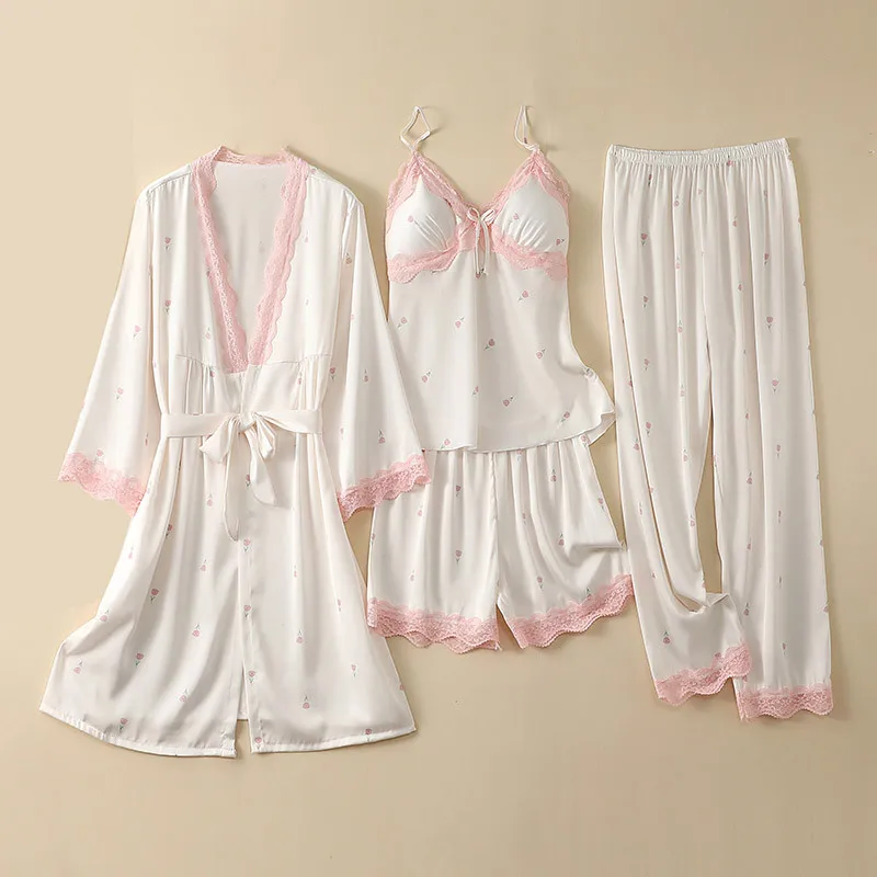 

4PCS Pajamas Sets Womens Printed Satin Robe Strap Top Shorts Pants Sleepwear Suit Home Wear Nightwear Kimono Bath Gown