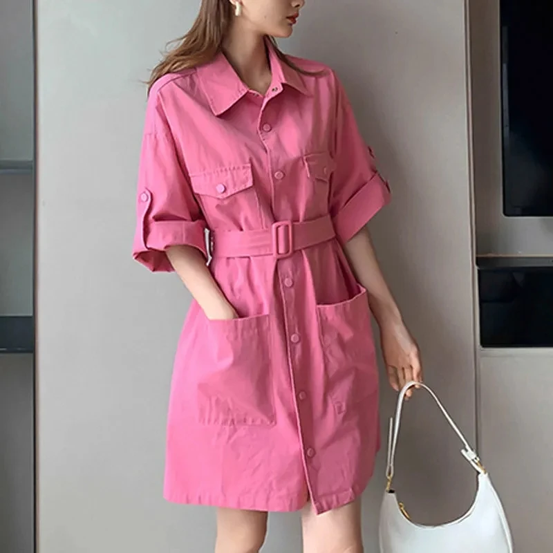 Women Dress Half Sleeve Button Pocket Ladies Dresses With Belt Casual Work Plain Oversize Summer Loose Shirts Dresses Vestido
Women Dress Half Sleeve Button Pocket Ladies Dresses With Belt Casual Work Plain Oversize Summer Loose Shirts Dresses Vestido