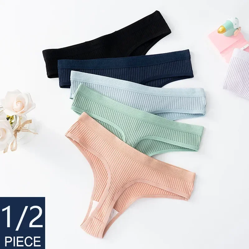 

Striped 1/2pcs Lingerie Sexy Thongs Solid Cotton Waist Panties Womens Female Comfortable Low Thong Intimate Underpants G-String