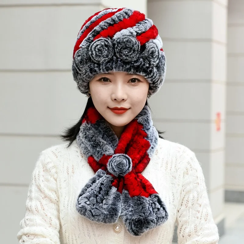 

Hat Women`s Winter Fur Rex Rabbit Hair Hat Korean Version Fashion Thickened Warm Hat Women`s Winter Flower Hat Set