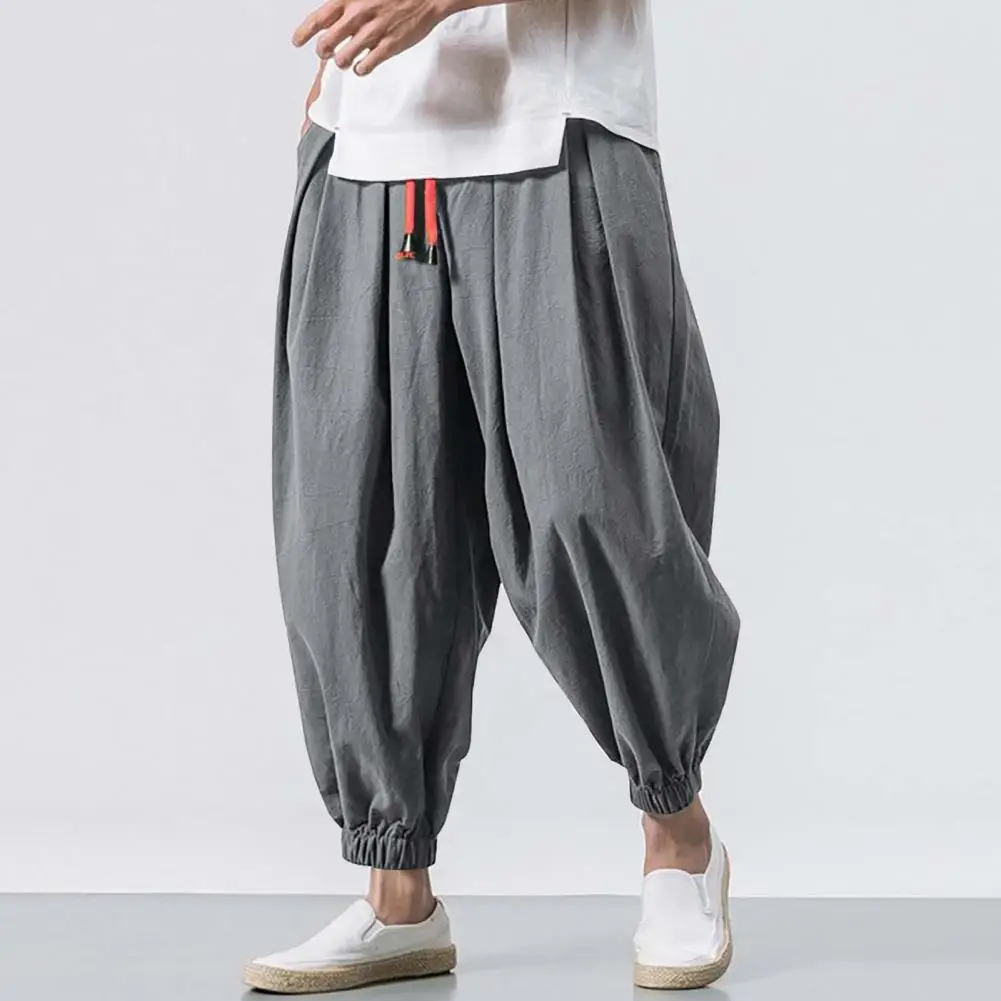 

Men Bloomers Baggy Deep Crotch Loose Drawstring Elastic Waist Plus Size Pockets Ankle-banded Soft Breathable Casual Daily Long H